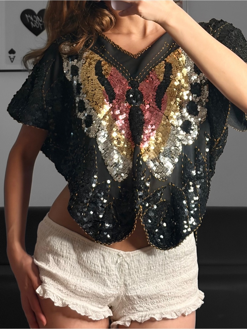 🤍 vintage butterfly sequin poncho